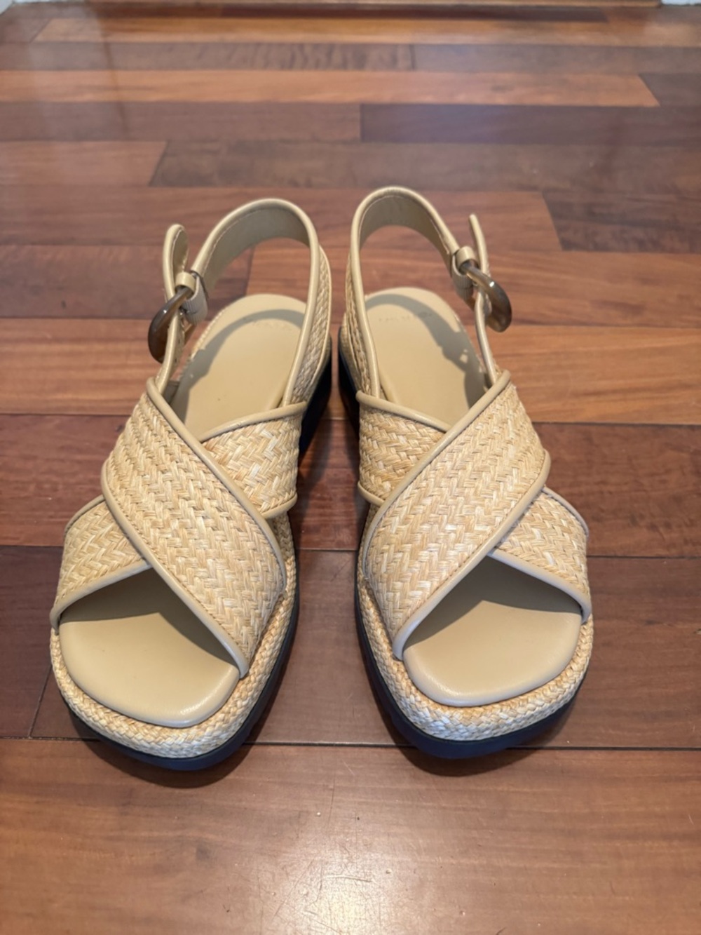Vince Beige Woven Cross‑Band Slingback Sandals